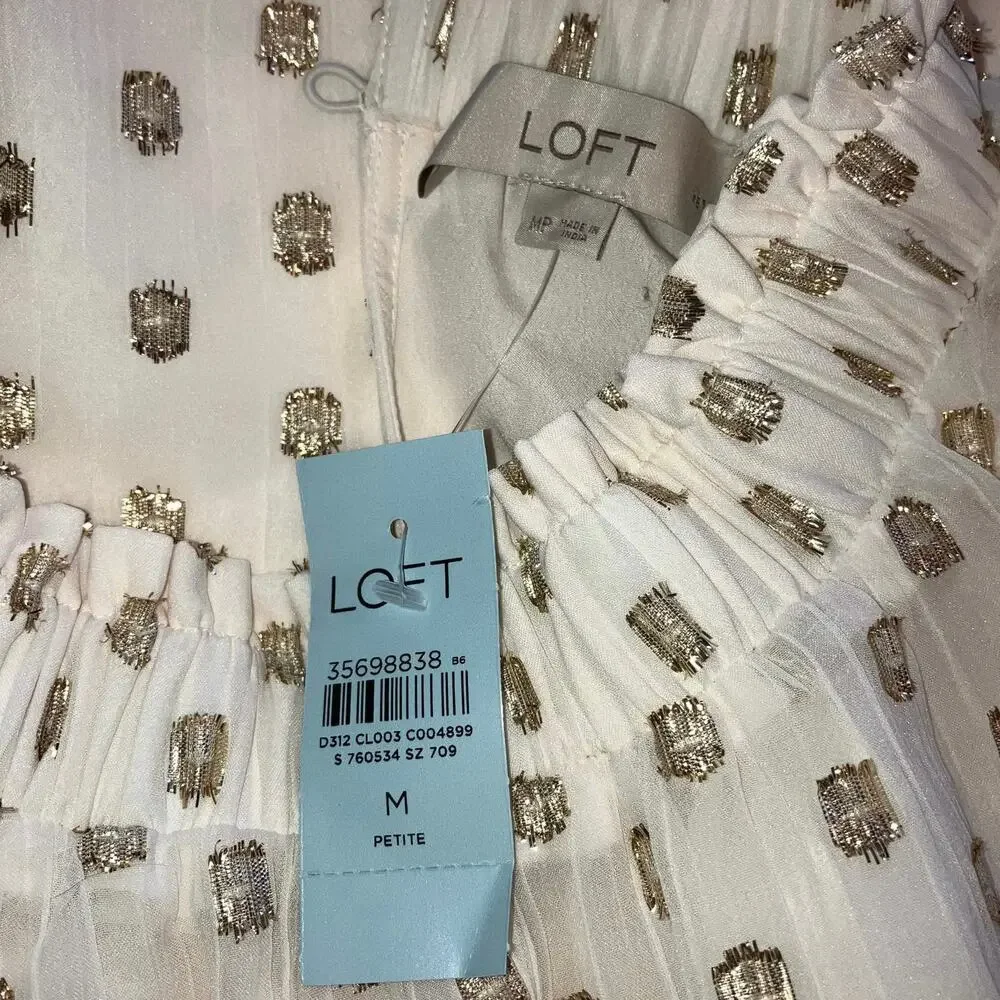 NWT Loft White and Gold Metallic Petite Ruffle Smocked Lined Sheer Blouse-Medium